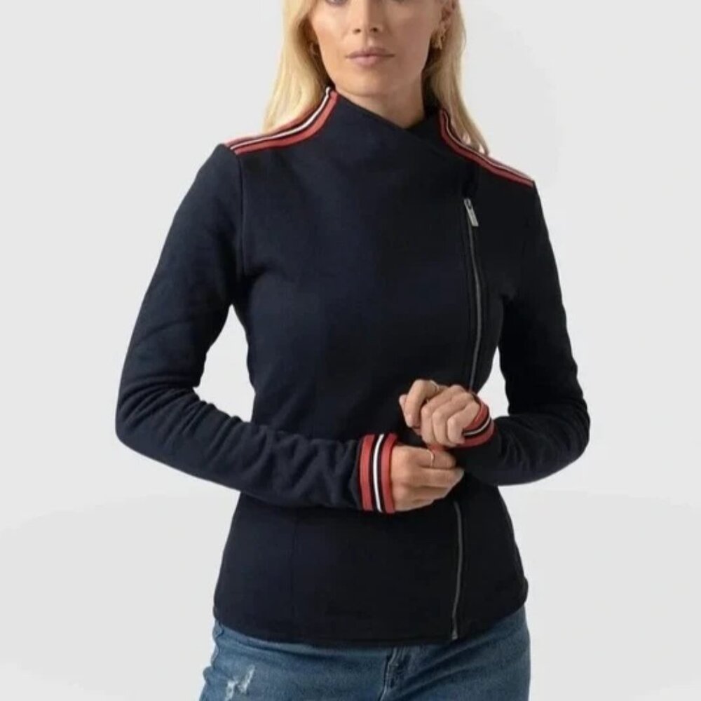 Saint + Sofia Organic Cotton Biker Jacket in Navy Red Stripe Size 6